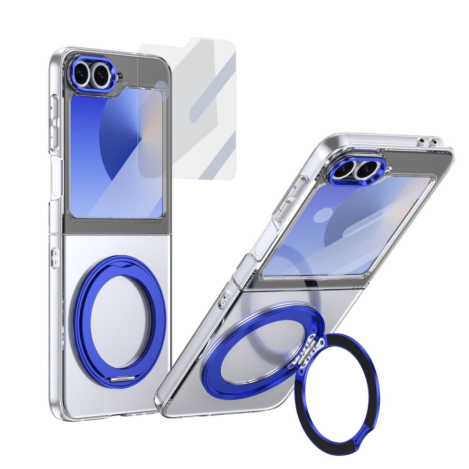 ELEHOLD Rugged Clear Case for Samsung Galaxy Z Flip 6/Flip 7 FE With Screen Protector, Transparent Non-Slip Ring Kickstand Lightweight Shock-Absorbent Rugged Magnetic Case Cover, Blue
