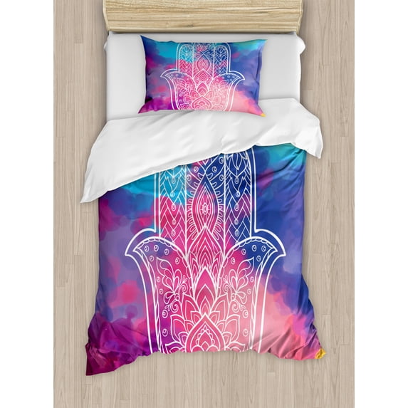 Hamsa Duvet Cover Set Twin Size, Colorful Watercolor Background with Hand Drawn Eastern Mantra Figure Gentle Swirls, Decorative 2 Piece Bedding Set with 1 Pillow Sham, Multicolor, by Ambesonne