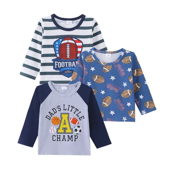 KIMI BEAR 3T Toddler Boy Tops 4T Child Boys Winter Clothes Long Sleeves Footballs Print T-shirt Color Block Clothing 3pcs Soft Cotton Tees Multicolor
