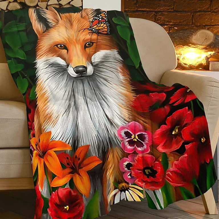 Fox Blanket Cute Fox Fleece Throw Blanket Super Soft Cozy Warm Fox Animal Flowers Plush Blanket Gifts for Girls Boys Kids Women 40