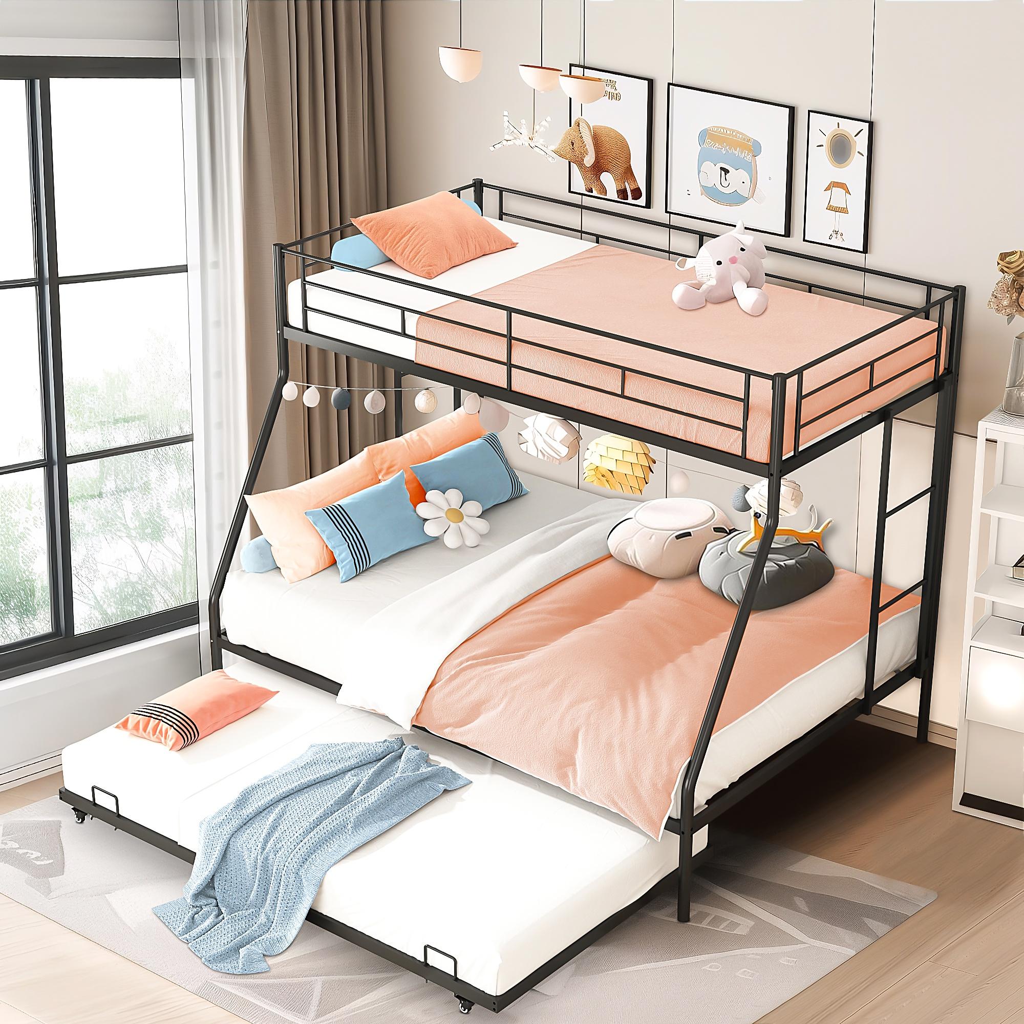 Metal Twin Over Full Bunk Beds with Trundle Bed, UHOMEPRO Twin Over Full Bunk Beds for Kids Adults Teens, Dorm Room Bunkbed with Trundle, 2 Ladders, CPC Certification, No Box Spring Needed, Black