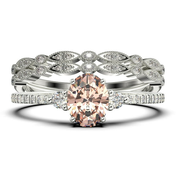 Minimalist 2.25 Carat Oval Cut Simplistic Morganite And Diamond Moissanite Engagement Ring, Classic Wedding Ring in 925 Sterling Silver With 18k White Gold Plating, Promise Ring, Trio Set