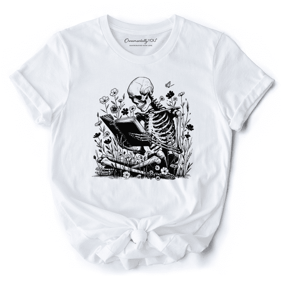 Gothic Reading Skeleton T-Shirt, Floral Halloween Tee for Spooky Bookworms