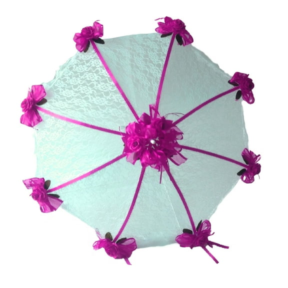 Decorated Bridal Shower Wedding White Lace Umbrella Parasol 36" Hot Pink Roses