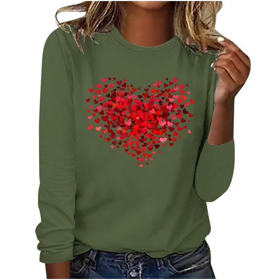 Womens Heart Tops Cute Valentine's Day Long Sleeve Tshirts Casual Crew Neck T-Shirt Comfy Basic Tee