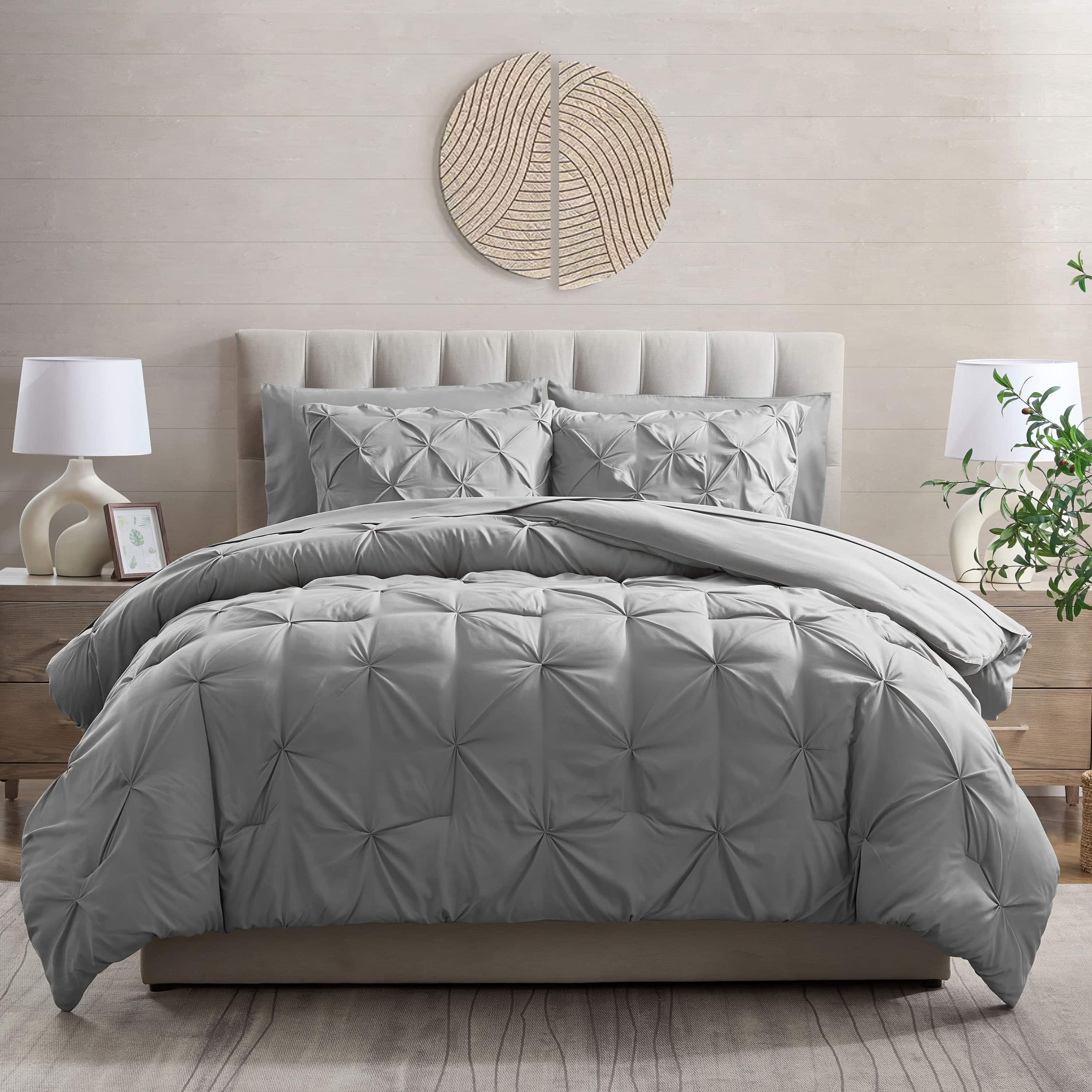 LammaLoe Full Size Comforter Sets, 7 Piece Bed In A Bag Pintuck Bedding Sets, Grey