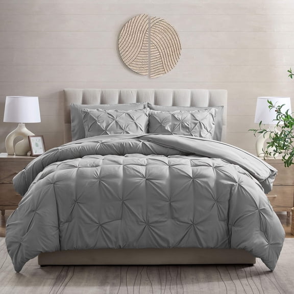 LammaLoe Queen Comforter Set, 7 Pc Bed In A Bag Pintuck Bedding Sets, Grey