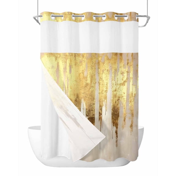 No Hook Shower Curtain with Snap-in Liner, Abstract Gold Waterproof Fabric Bathroom Curtains, Modern Brush Luxury Strokes Artwork Bath Curtains & Mesh Top Window Stand Up Stall Stall 48"x72"