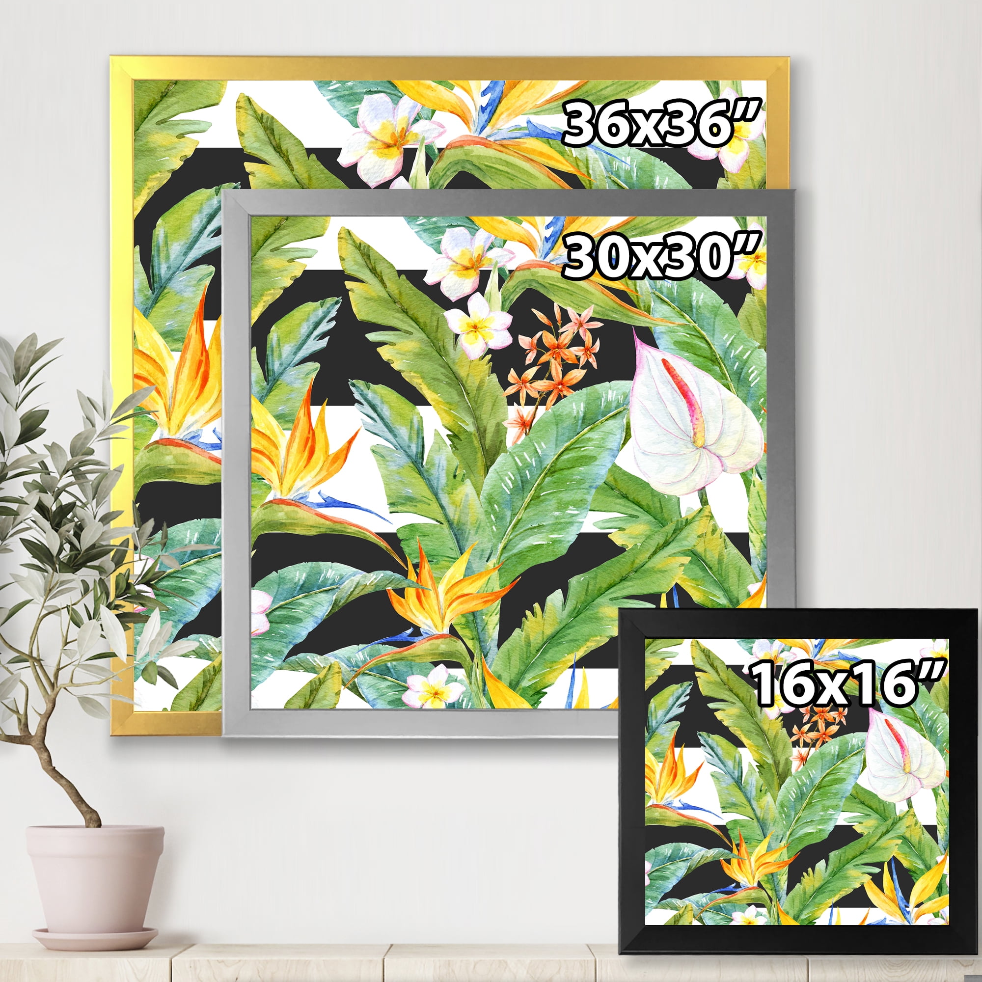 Designart 'Yellow Flowers and Tropical Foliage IV' Modern Framed Art Print