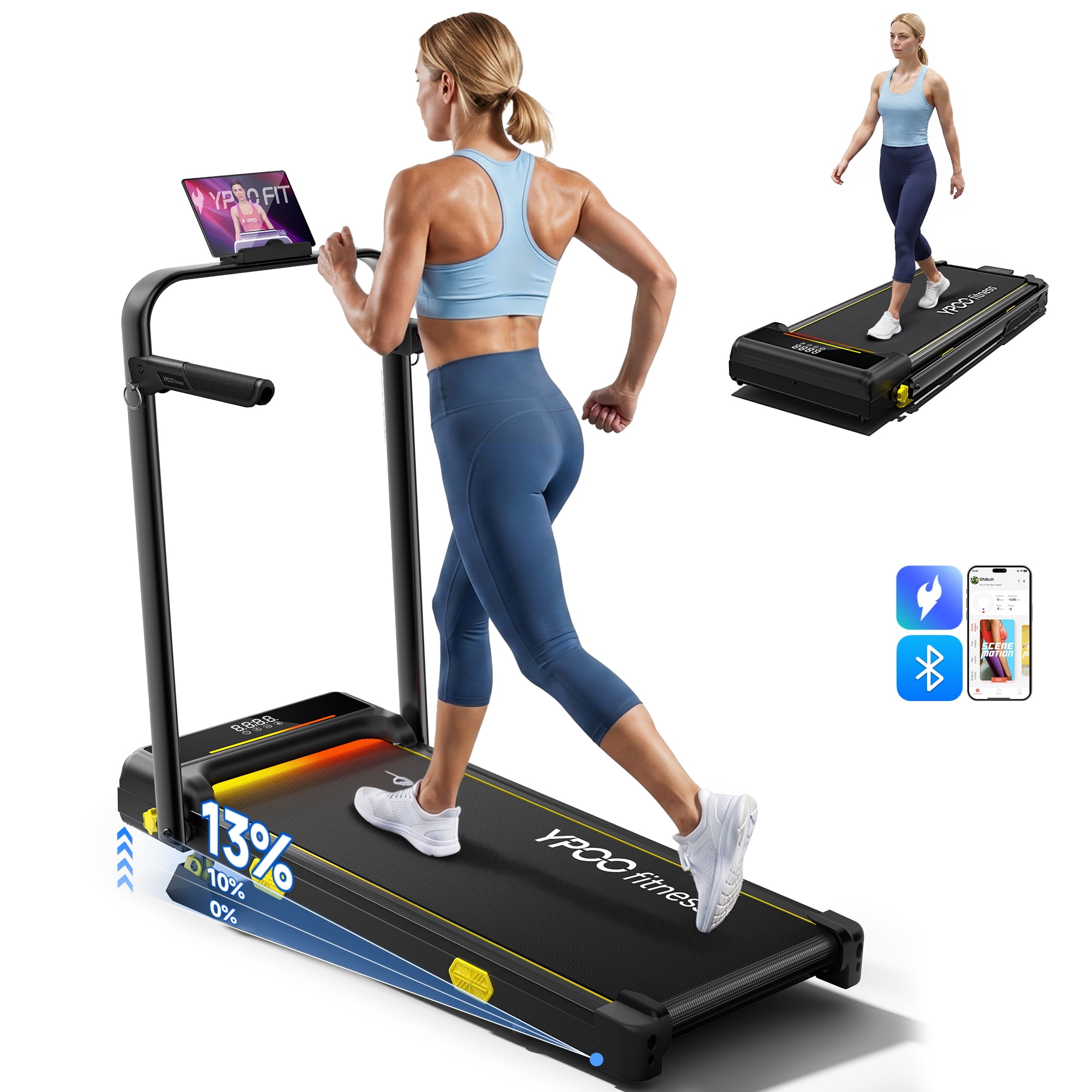 YPOO Fitness Walking Pad with Handle, Foldable 6.3 MPH Walking Pad with 13% Incline for Home & Office, 330 LBS Capacity