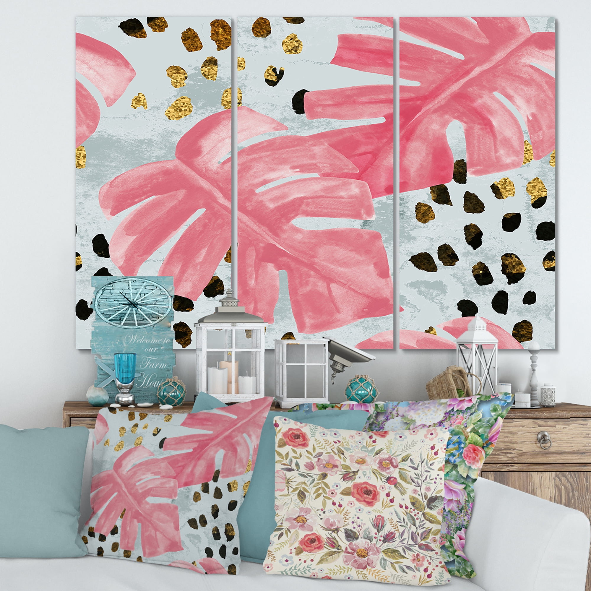 Designart ' Rough Brush Strokes Pink Colored Monstera II ' Tropical Canvas Wall Art Print