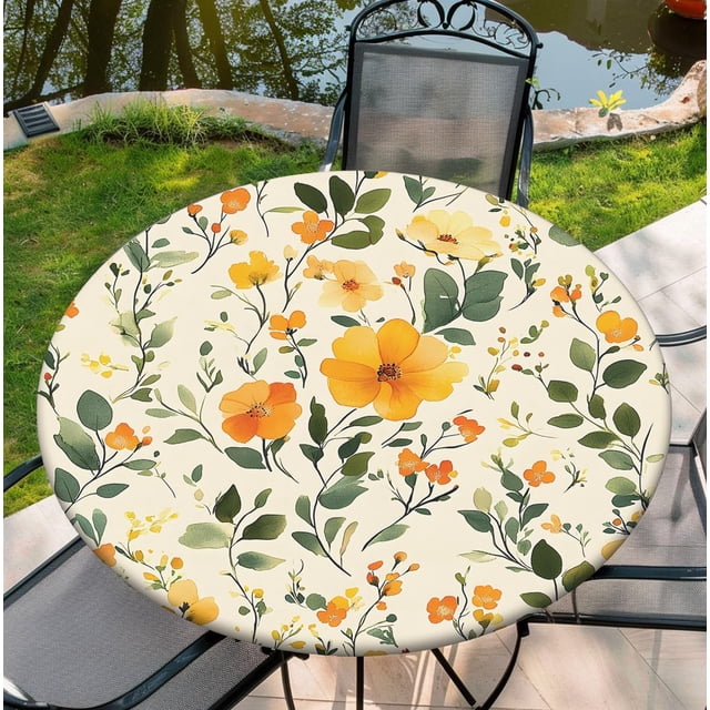Round Tablecloth Fitted with Elastic, Fits for Table Round, Water Proof, Easy to Clean 54"-58" Table, 60Inch Tablecover, Wildflower