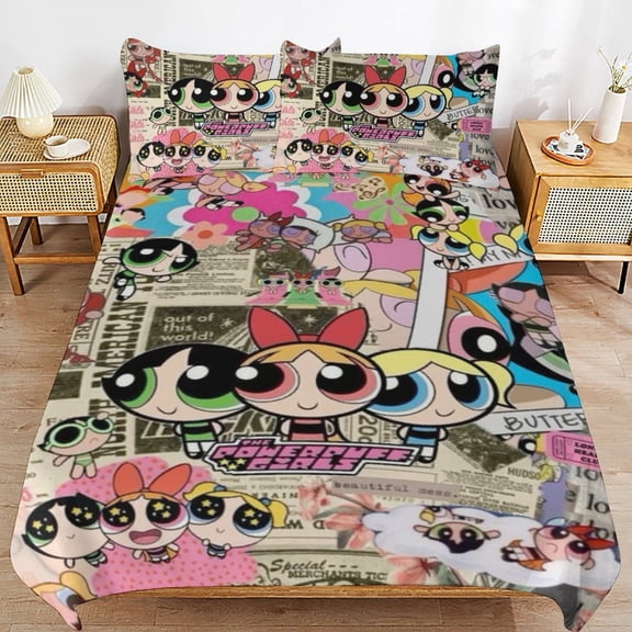 The Powerpuff Girls 3 Pieces Bedding Set 3D Printed Lightweight Bed Quilt Set Comforter Cover Set for Girls Kids Teens, 1 Quilt Cover 2 Pillowcases 86"x70"