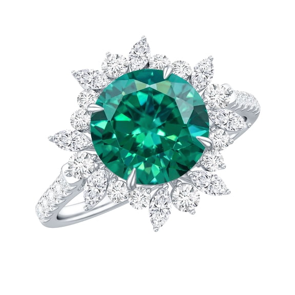 Rosec Jewels Certified Lab Grown Emerald Cocktail Ring with Halo - 8 mm - 2 Carat - AAAA Grade - Emerald Moissanite Ring for Women, 925 Sterling Silver, US 4.00