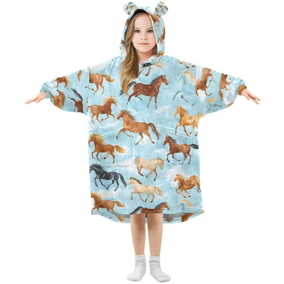 joogoo Wearable Blanket Hoodie for Running Horse Blue Oversized Sherpa Hooded 3-14 YR M