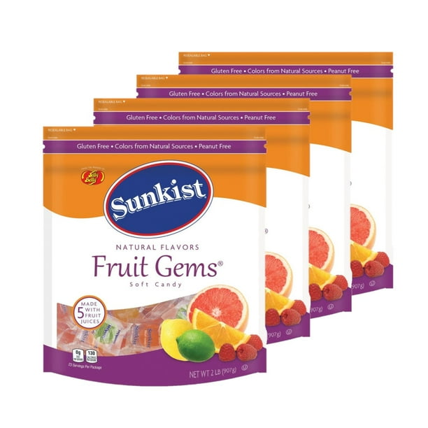 4 Pack Sunkist Fruit Gems Assorted Soft Candy, 2 lb Resealable Bag