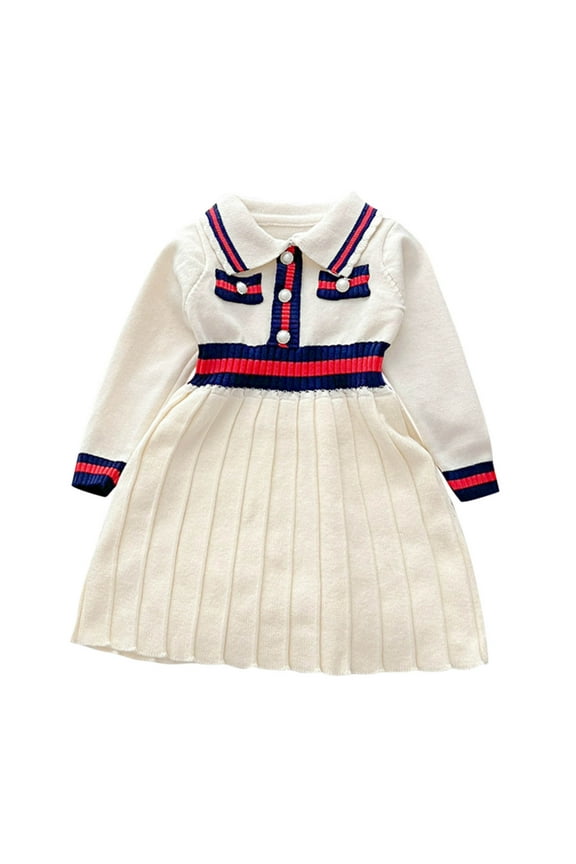 Kids Girls Fall Winter Sweater Dress Long Sleeve Cotton Uniforms Pleated Dress New Lapel Collar Graduation Sweater Skirt Beige