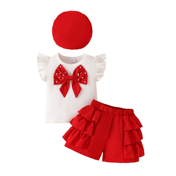 BemeyourBBs Toddler Baby Girl Summer Fall Spring Clothes Infant Baby Girls 2 Peice Outfit Shorts Set Cute Vintage Little Girls Short Sleeve Pearl 3D Bowknot T-Shirt Ruffle Shorts Beret Hat