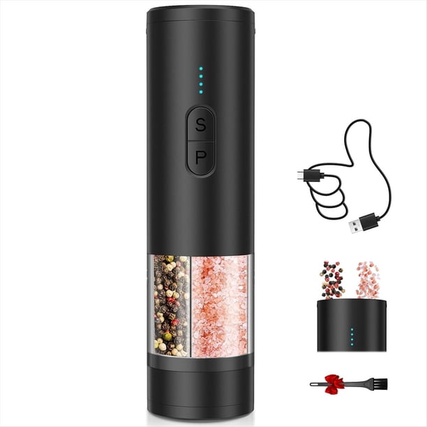Molinillo de Sal y Pimienta Eléctrico 2 en 1, Recargable por USB, Automático, con Luz LED.