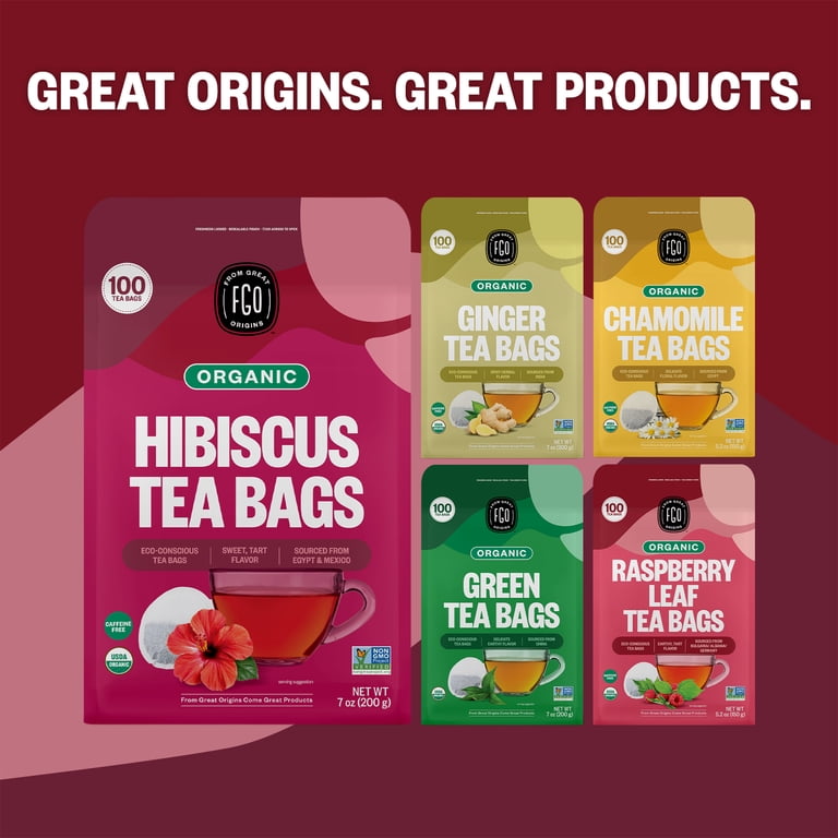 FGO Organic Hibiscus Tea Bags - 100 Count Caffeine Free Herbal Tea