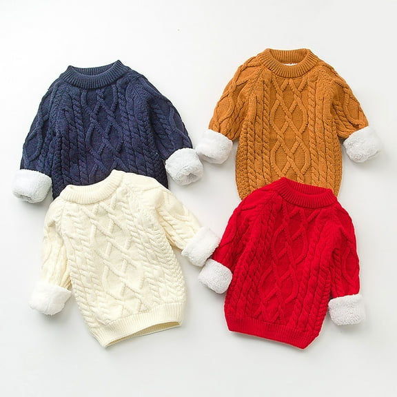 WRKEKC Kids Sweater Unisex Fleece Lined Cable Knit Crewneck Long Sleeve Thick Warm Soft Cozy Casual Knit Sweater for 6Months-10Years Kids Winter Fall Everyday Wear