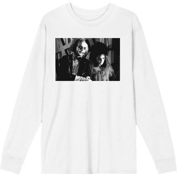 Beetlejuice Black & White Wedding Screenshot Adult White Crew Neck Long Sleeve Tee-Large