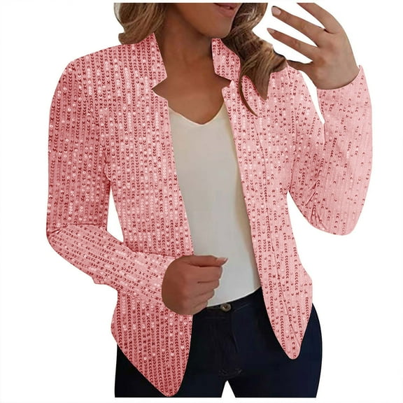 Uootdi Women's Sequin Blazer Open Front Long Sleeve Sparkly Jacket Glitter Party Outwear Formal Evening Coat Shiny Cocktail Top Trendy Pink Women Top