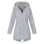 YODETEY Women Solid Rain Jacket Outdoor Plus Size Waterproof Hooded Windproof Loose Coat Gray 8(M)