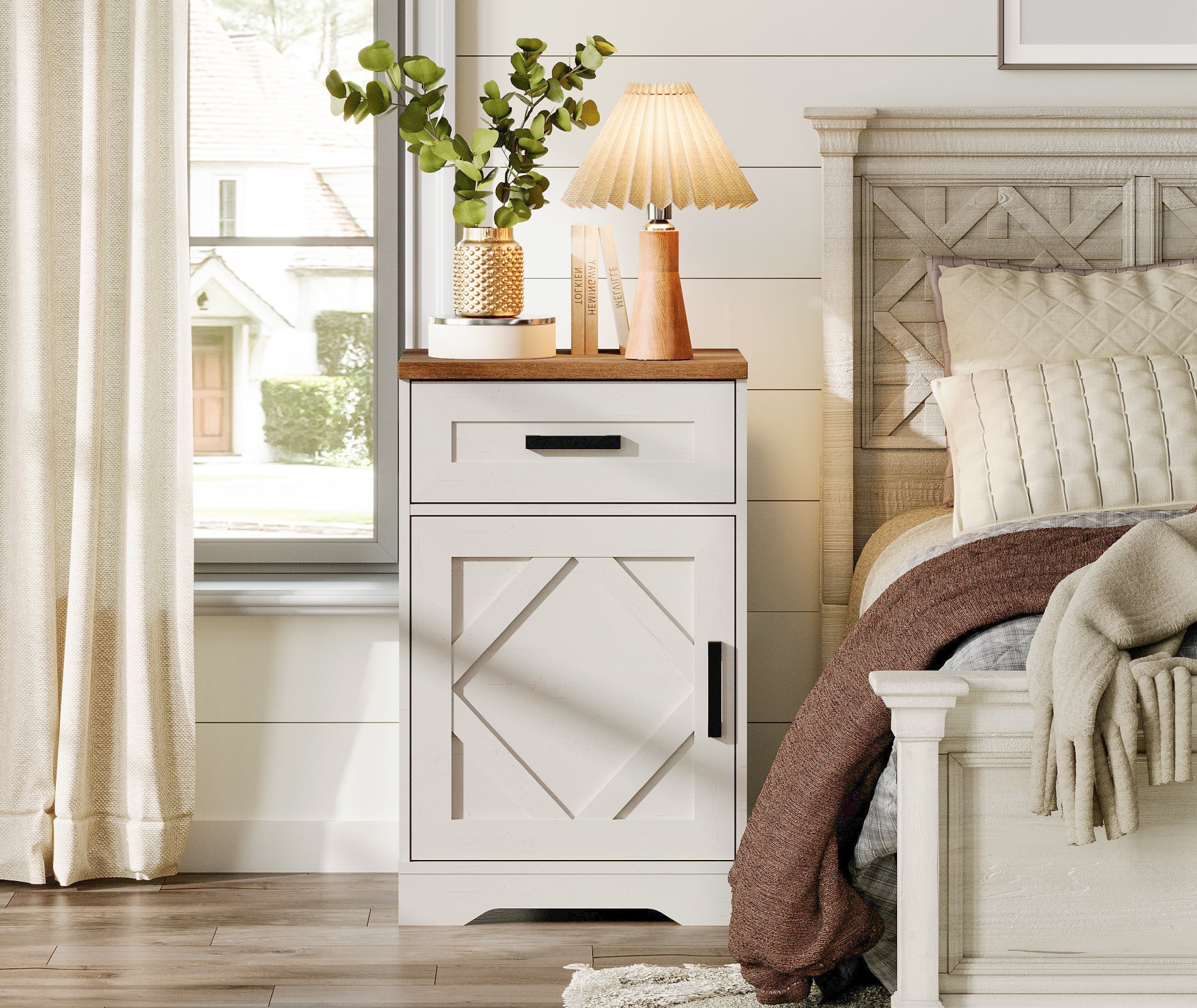 WAMPAT 31.9 inch Tall Nightstands Set of 2 for Bedroom, Farmhouse End Table with Drawer and Barn Door, Wood Bed Side Table with Adjustable Storage Shelf,Cream White