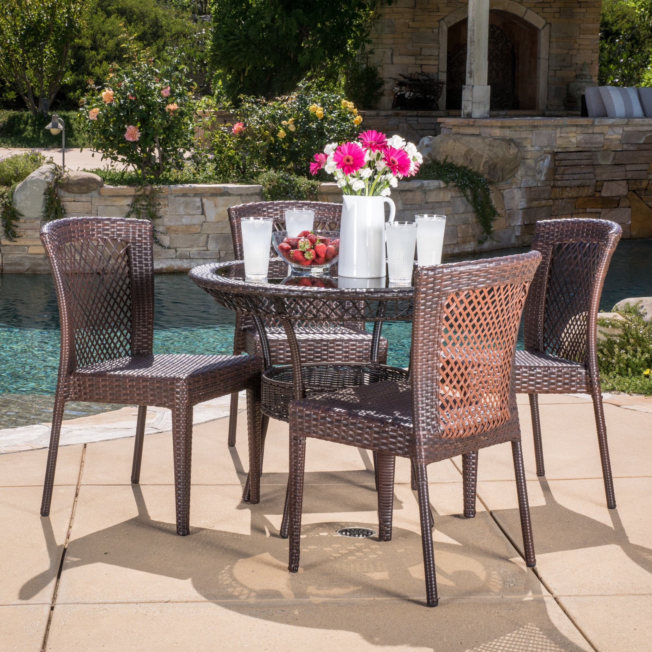 Cisneros 5-Piece Outdoor Round Glass Top Wicker Dining Set, Multi-Brown