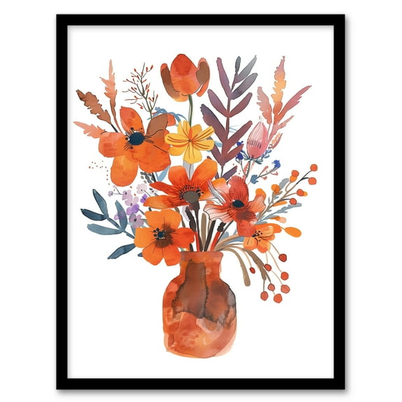 Artery8 Bright Autumnal Flower Bouquet Vase Watercolour Living Room Art Print Framed Poster Wall Decor 12x16 inch