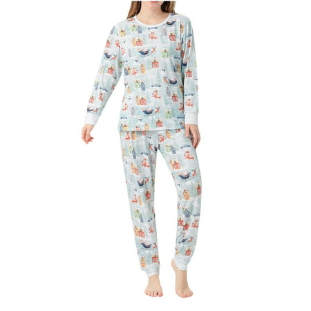 

Blueek Parent-Child Warm Christmas Set Printed Home Wear Pajamas Two-Piece Mom Set