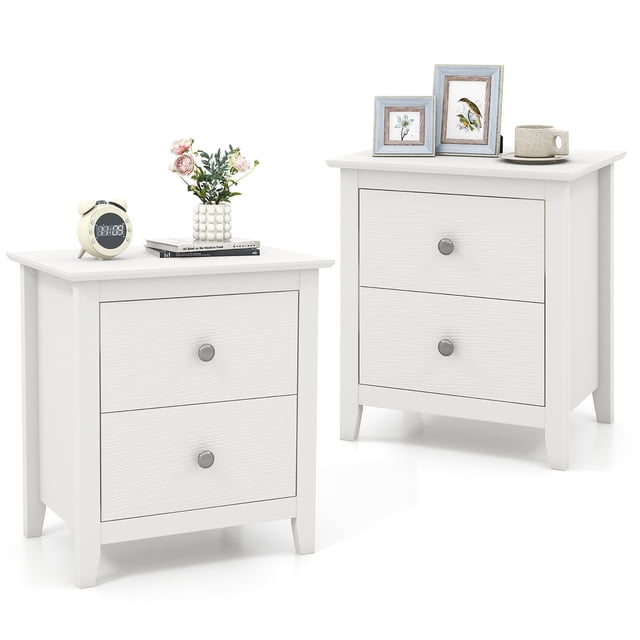Gymax 2 Pcs Table de Nuit Moderne avec Rangement 2 Tiroirs et Pieds de Soutien pour Chambre Blanc