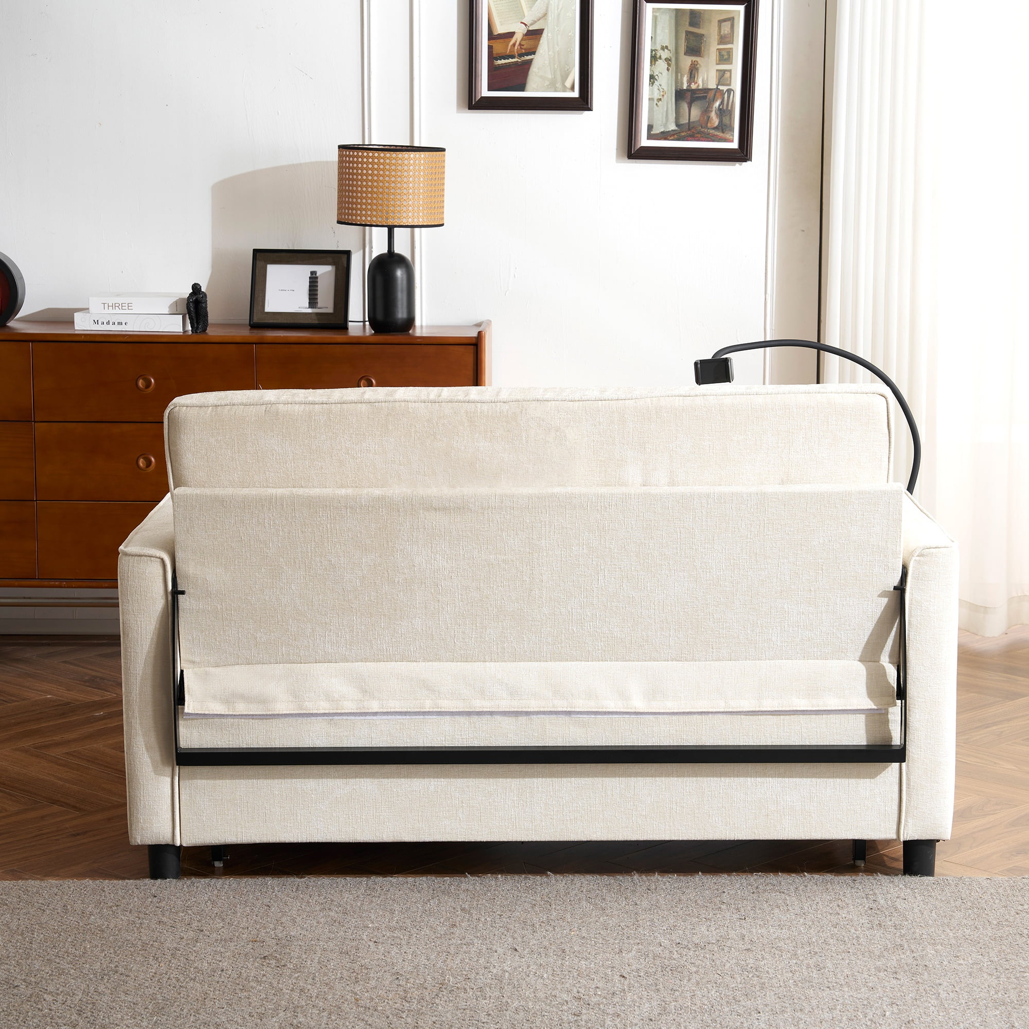 3 in 1 Convertible Sofa Bed, Pull Out Couch with Phone Holder & Backrest Cushion, Loveseat Sleeper for Living Room, Little Apartment, Bedroom, Beige