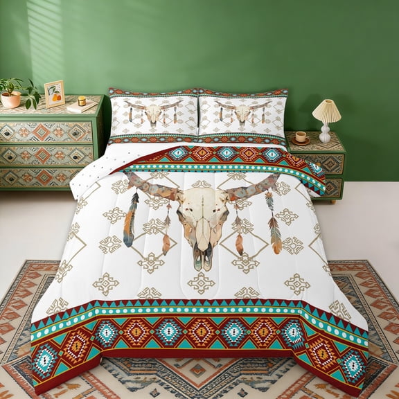 Erosebridal Vintage Cow Skull Full Size Comforter Sets, Farmhouse Aztec Bedding Sets, Reversible 3-Piece, 1 Comforter and 2 Pillowcases