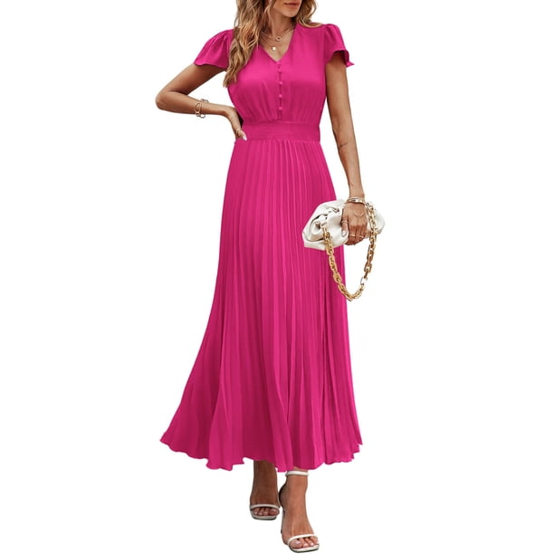 Vestido largo PRETTYGARDEN para mujer, verano 2025, cuello en V, con volantes, rojo