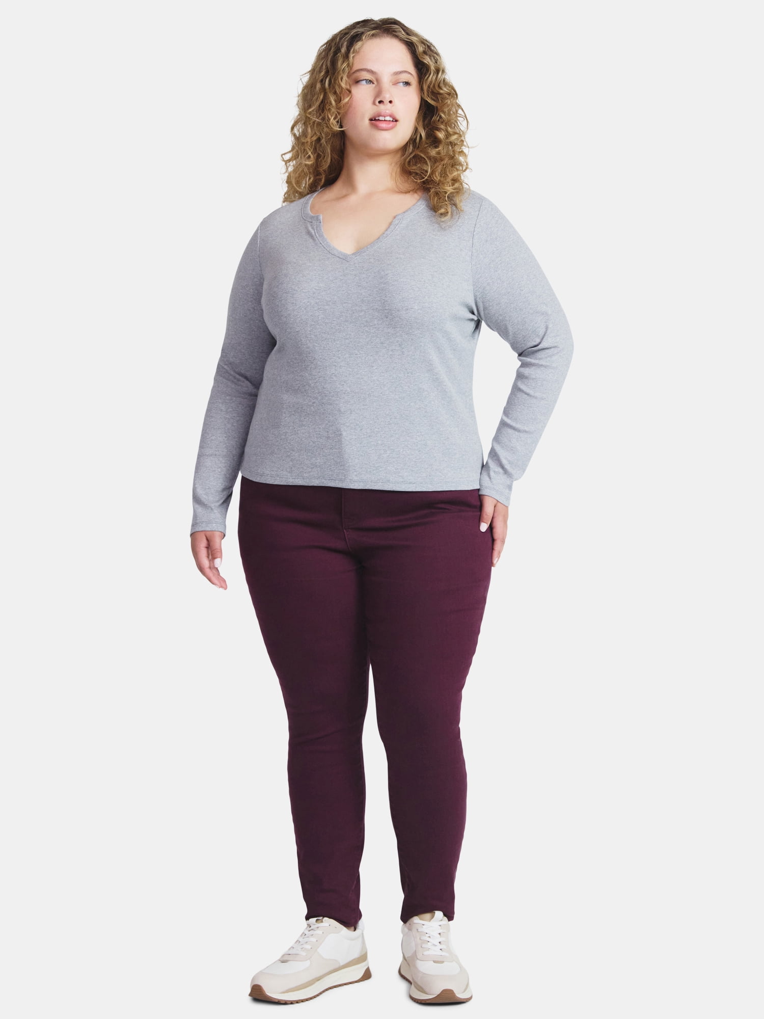 Terra & Sky Women's Plus Long Sleeve Notch Neck Top, Sizes 0X-5X