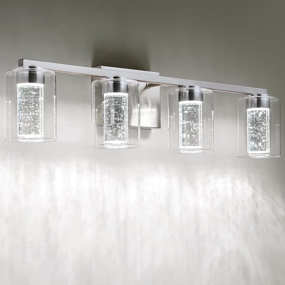 SineRise 4-Light Brushed Nickel Vanity Light with 3 Color Modes (3000K/4000K/6000K), Eye Protection LED Bathroom Light Fixture, Dimmable Modern Wall Light Over Mirror with Clear Glass Shade