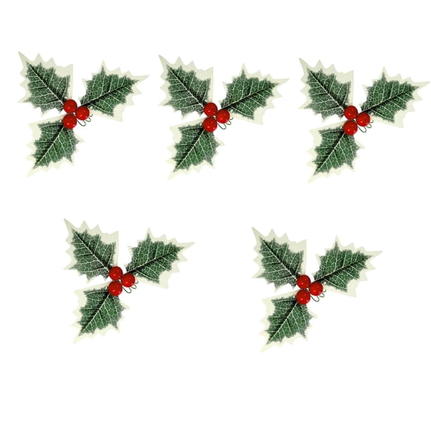 5 piezas de adornos de bayas falsas de hojas de Navidad, manualidades, flores con hojas para decoración artesanal de árboles de Navidad , Rojo