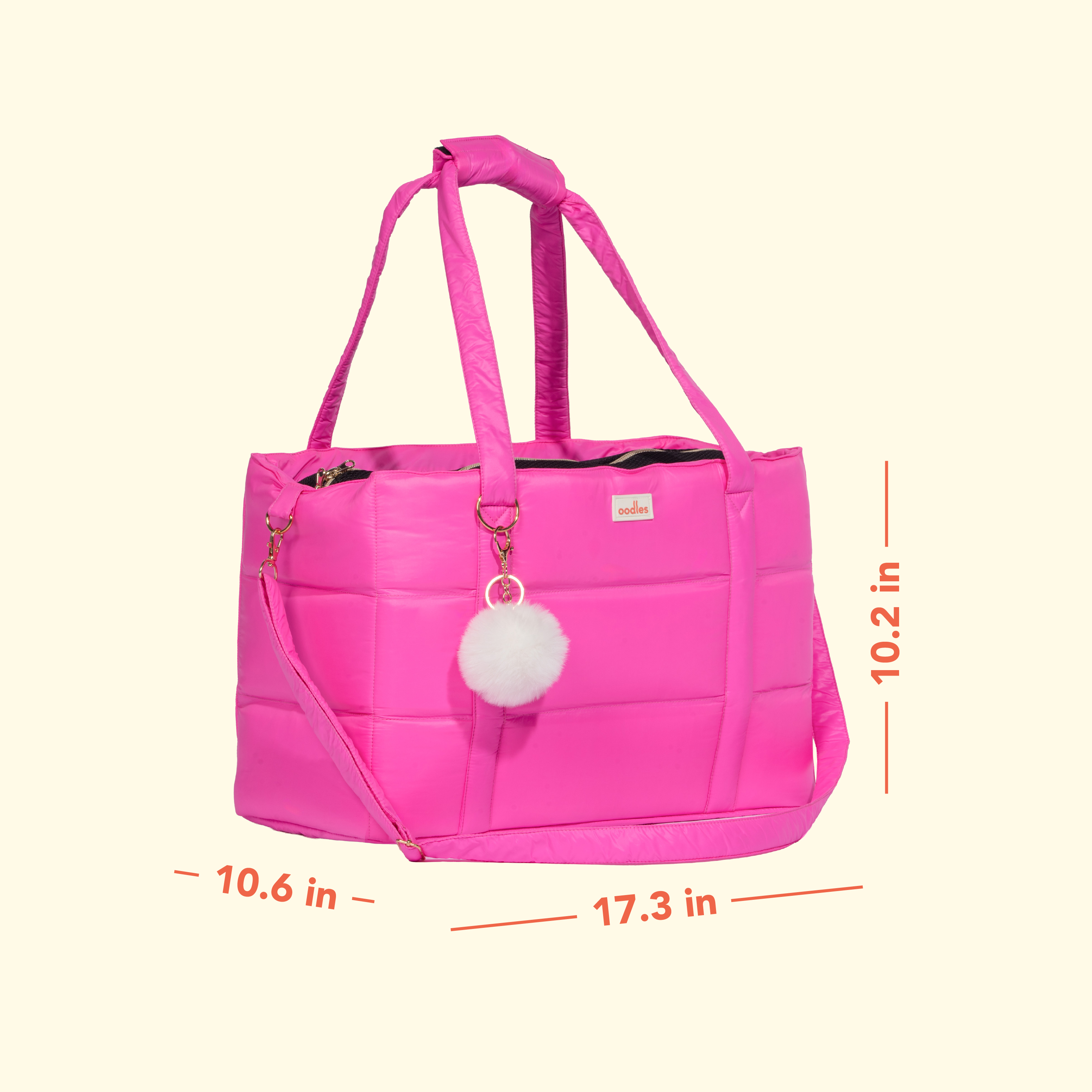 Oodles Solid Pink Quilted Zippered Soft Sided Pet Carrier Bag with Pom Charm, 13 lb Limit