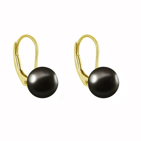 Gray Genuine Earring - Pearl Earrings Leverback Gold Plated Silver Genuine Button Freshwater Pearls Cultured 8mm Black