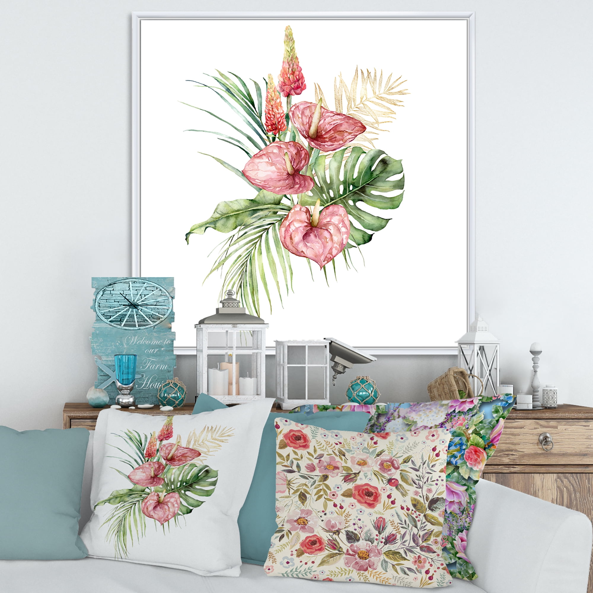Designart 'Tropical Bouquet With Anthurium Lupine and Leaves On White I' Traditional Framed Canvas Wall Art Print