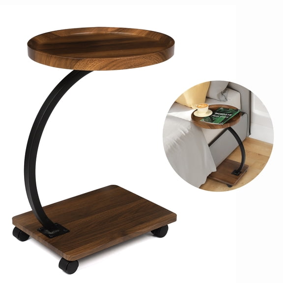 C Shaped Side End Table - with Rolling Wheels, Walnut Finish Movable Round Tea Table for Couch, Bed, Sofa Side