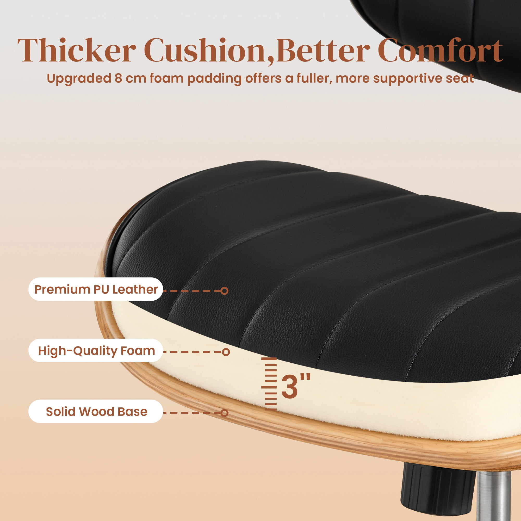 XIZZI Home Office Chair, Armless Mid-Century Ergonomic Desk Chair with 3" Thick Cushion, Premium PU Leather Mid Back 360 Swivel Computer Chair with Walnut Design, Ribbed Black