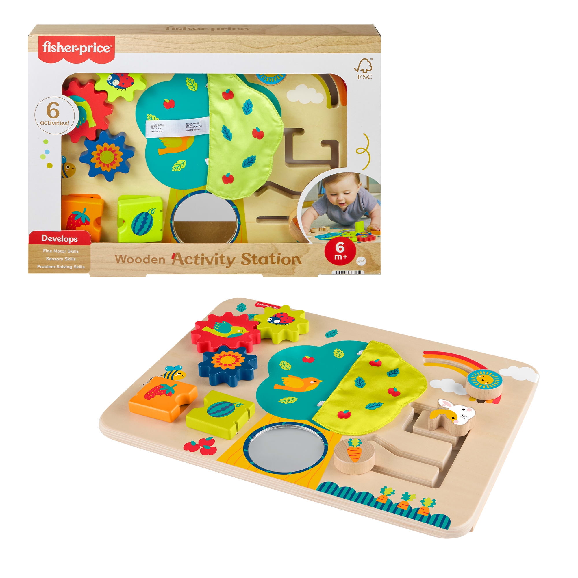 Fisher-Price Wooden Activity Station Baby Busy Board Toy for Developmental Play, 1 Wood Piece, FISHER PRICE WOOD ACTVITY STATION