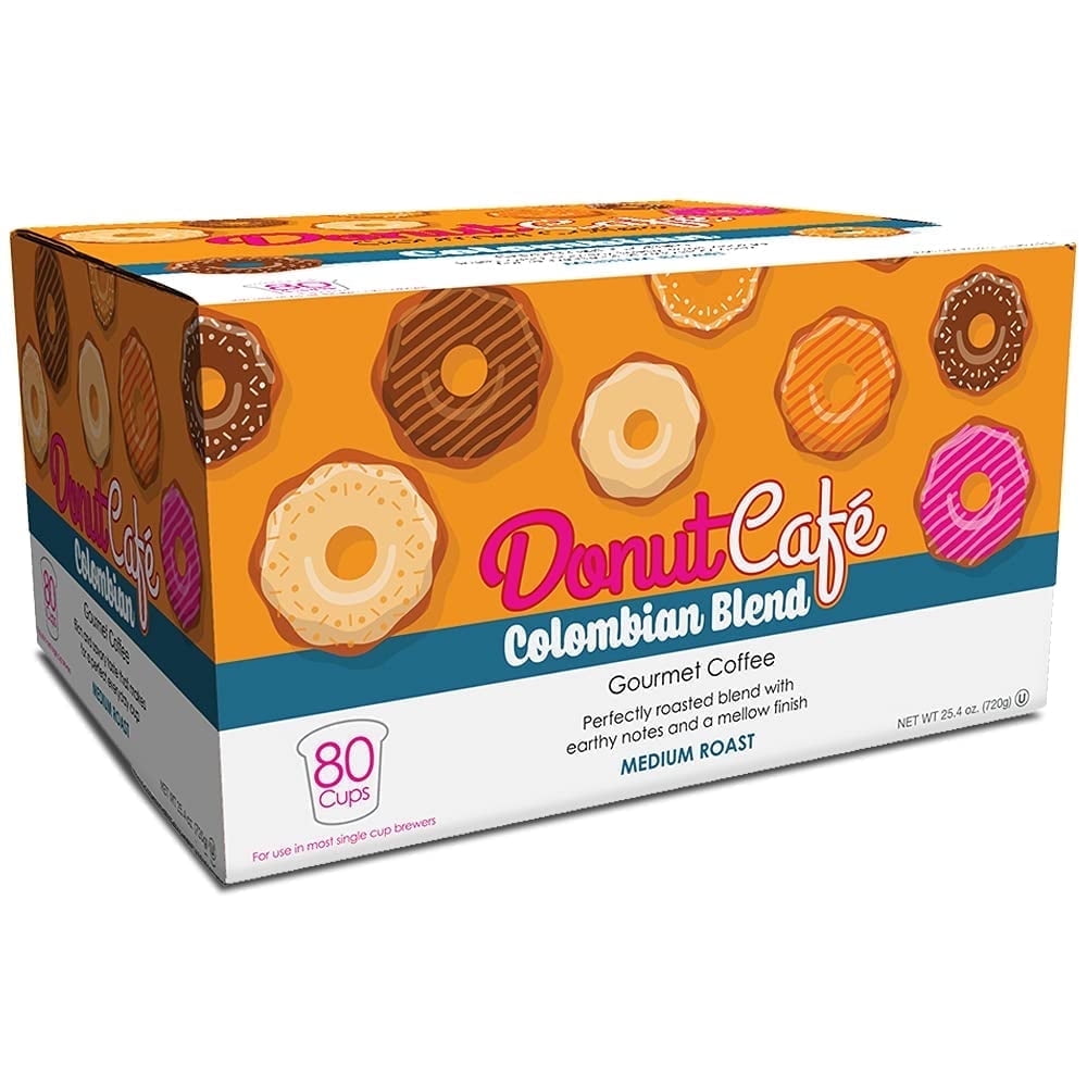 Donut Café Colombian Blend, Single Serve Premium Coffee Pods for K-Cup Brewers, Medium Roast, 80 Ct