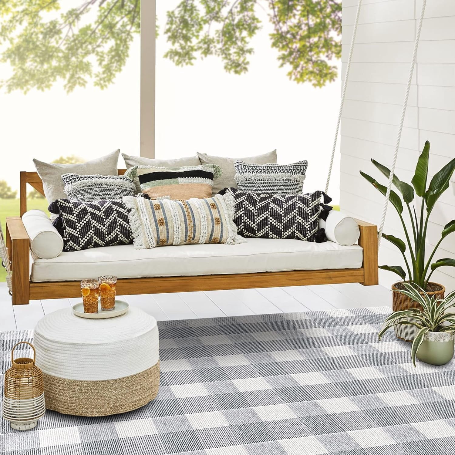 AllWays Plaza Cotton Buffalo Plaid Rug 4'x6' Gray and White Checked Rug Washable Doormats Indoor Outdoor Rugs for Layered Front Door Mats, Porch, Kitchen, Farmhouse, Entryway