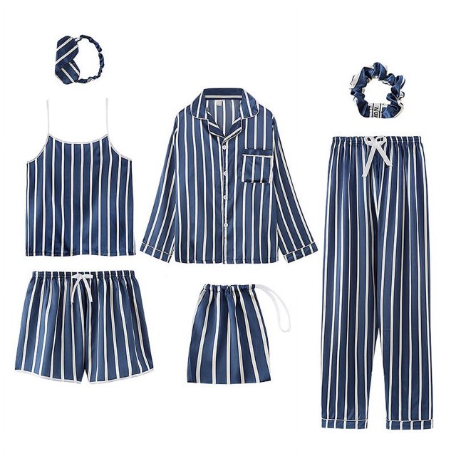 Conjunto de pijamas con estampado de seda para mujer, pantalones cortos de manga larga, Top de cintura elástica, ropa de dormir de salón completo, primavera y verano, 7 Uds.