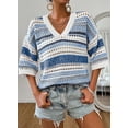 thumbnail image 5 of Women’s Crochet Sweater Top V Neck Cap Short Sleeve Spring Summer Knit Shirt Loose Hollow Out Striped Pullover Beach Vacation Cruise Casual Fashion Clothes, 5 of 7