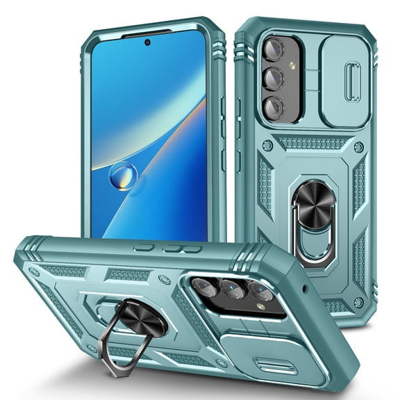 Allytechgroup Rugged Hybrid Case Cover for Samsung Galaxy A35, Ring Holder Stand Anti-Scratch Shockproof Sliding Lens Protector Bumper Phone Case for Women Men, Green